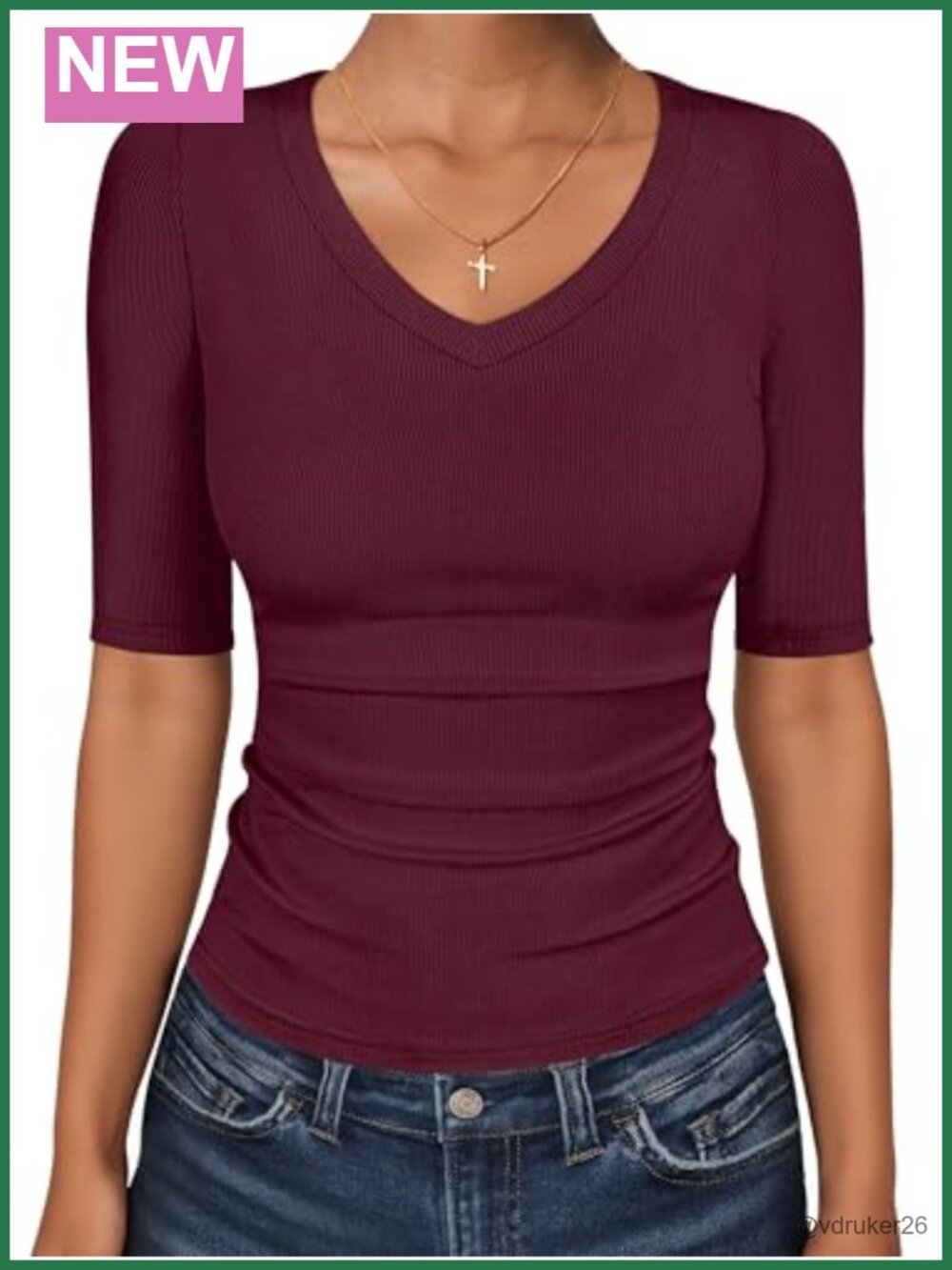 Womens Ribbed Knit V Neck Half Sleeve Tee Slim Fit Casual Top